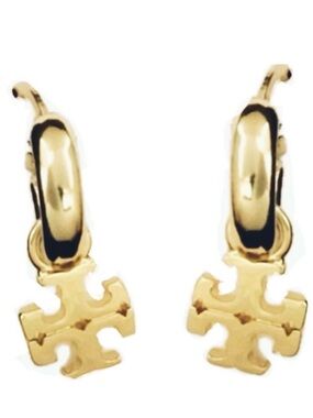 TORY BURCH GOLD KIRA LOGO HUGGIE HOOP EARRINGS